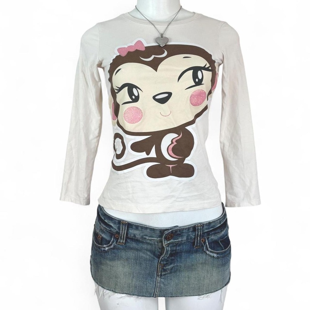 y2k vintage monkey graphic long sleeve baby tee pink white